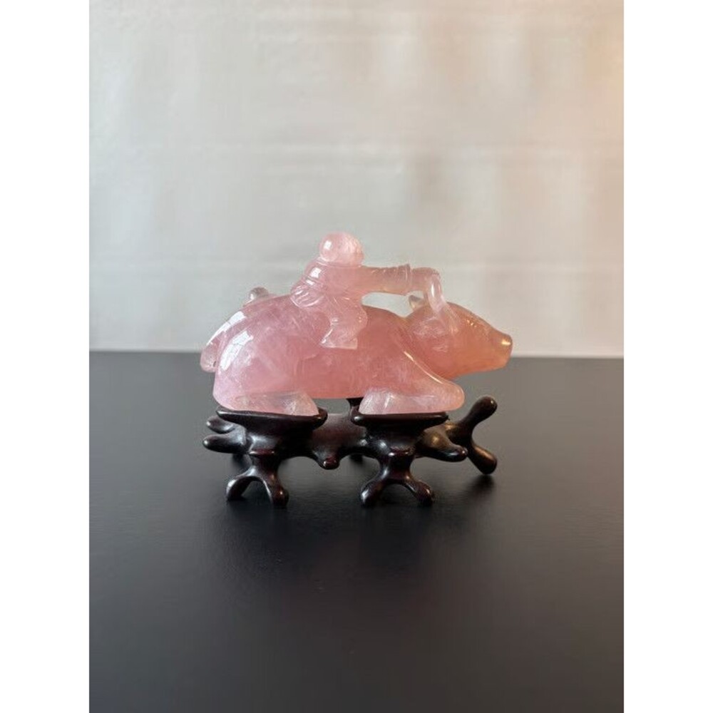 Carved Rose Quartz Foo Lion Figurine Pink Stone Carved Wood Stand Chinese